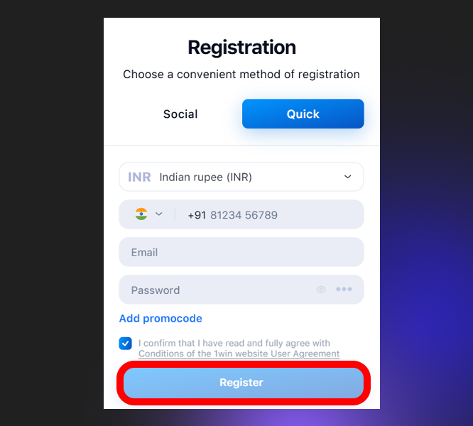 1Win registration confirmation