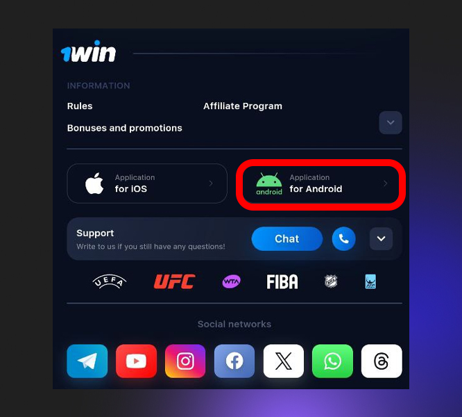 Section with mobile applications on 1Win